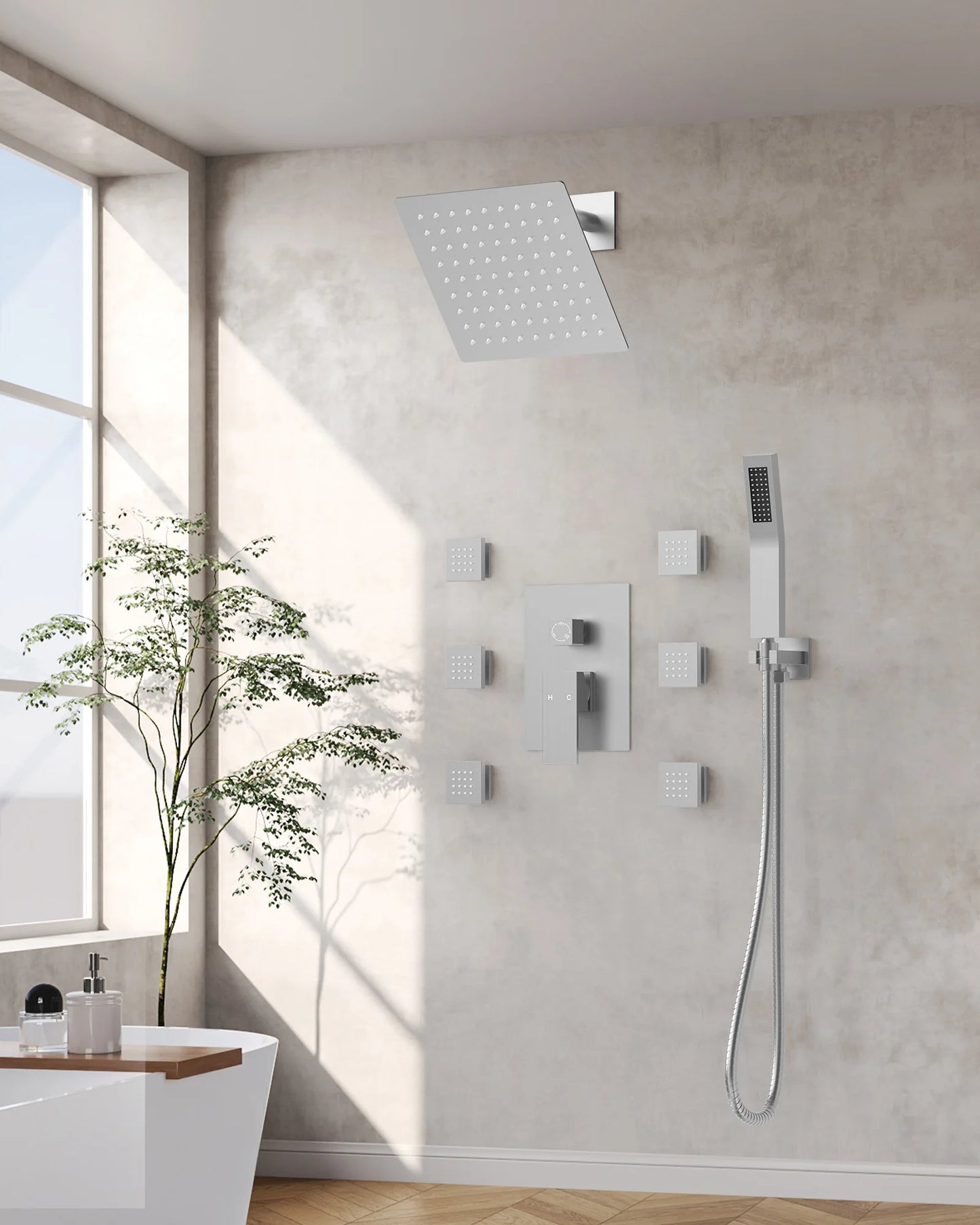 8 in. Wall Mount Shower Head Bathroom Shower System Faucet Set with Handheld Spray 6-Body Jets