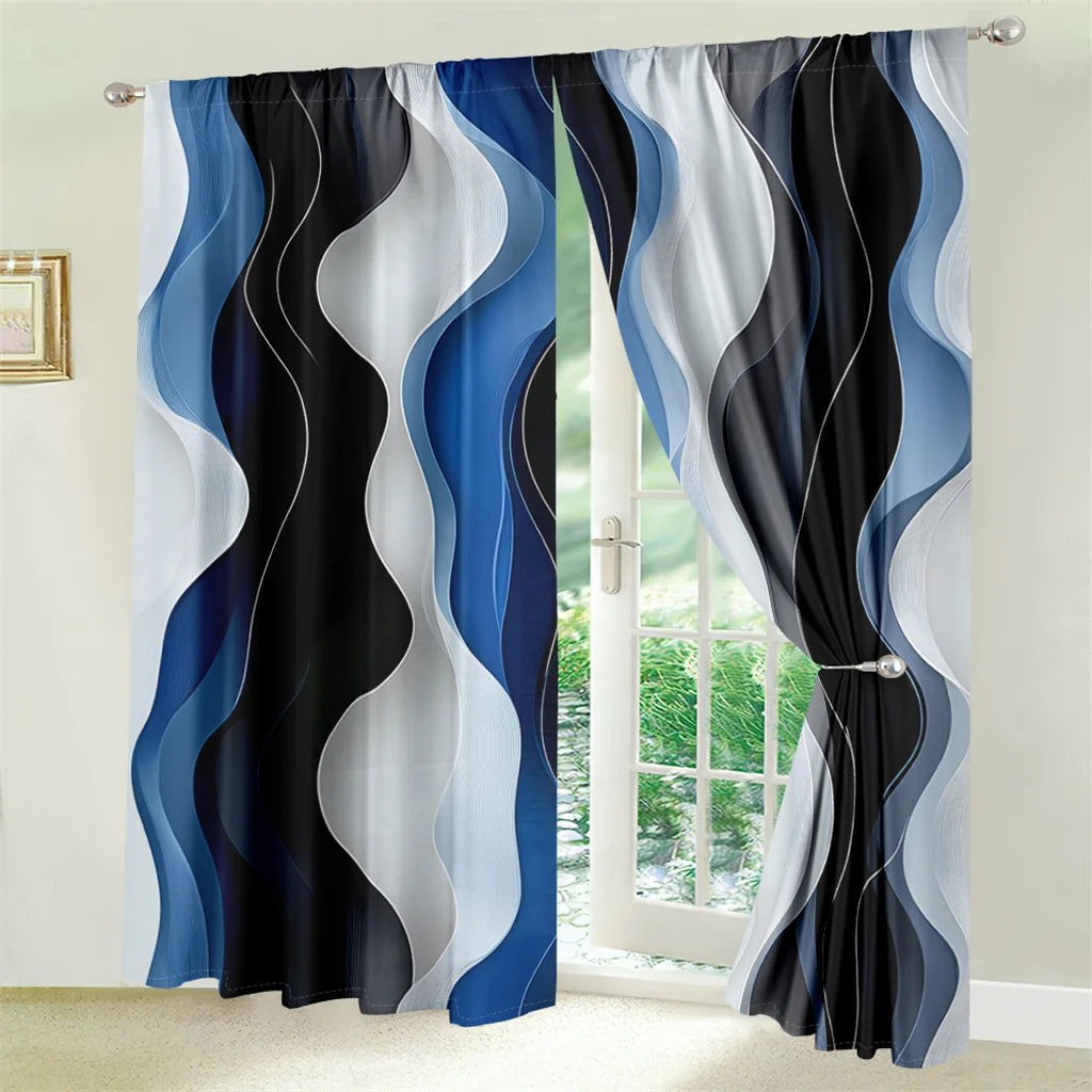 2Pcs Modern Wave Curtains 3D Blue White Black Curve Pattern