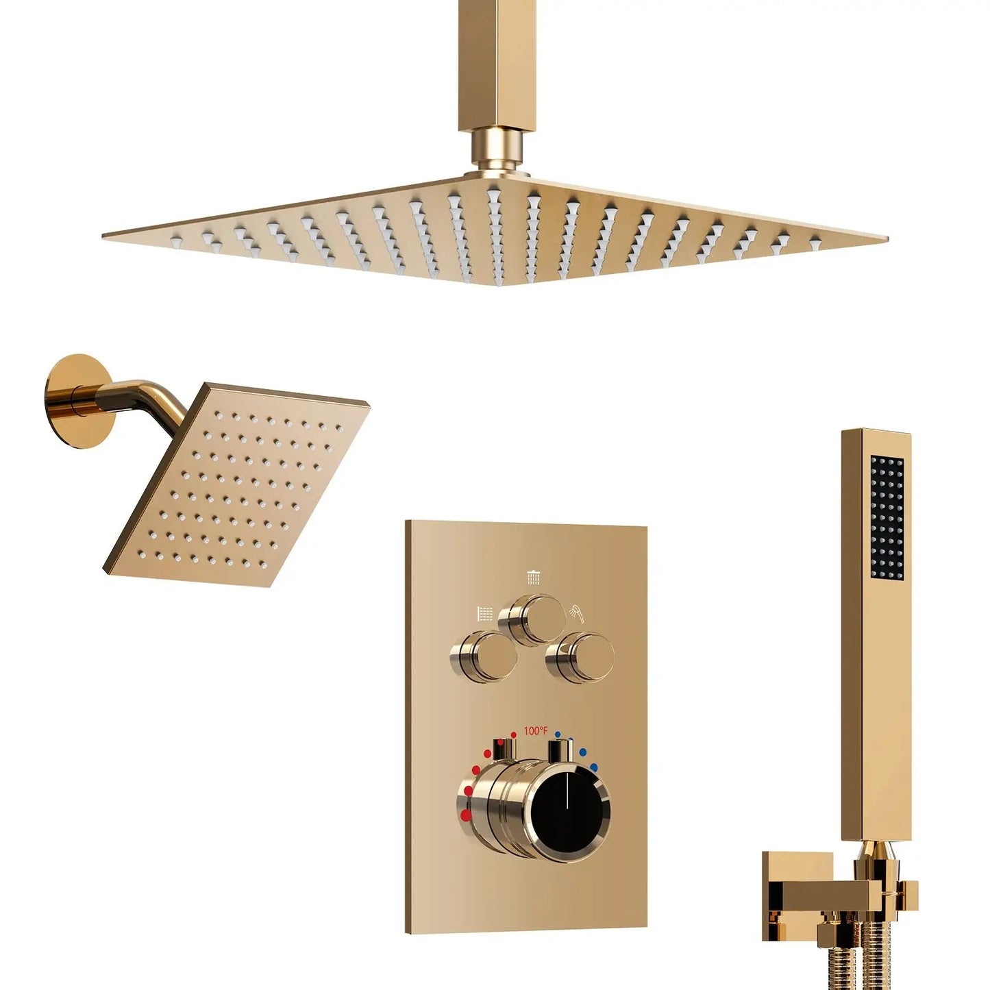 Bathroom Thermostatic Shower System Set 12-inch Ceiling Rain Dual Shower Head Faucet Set with Handheld Spray Combo