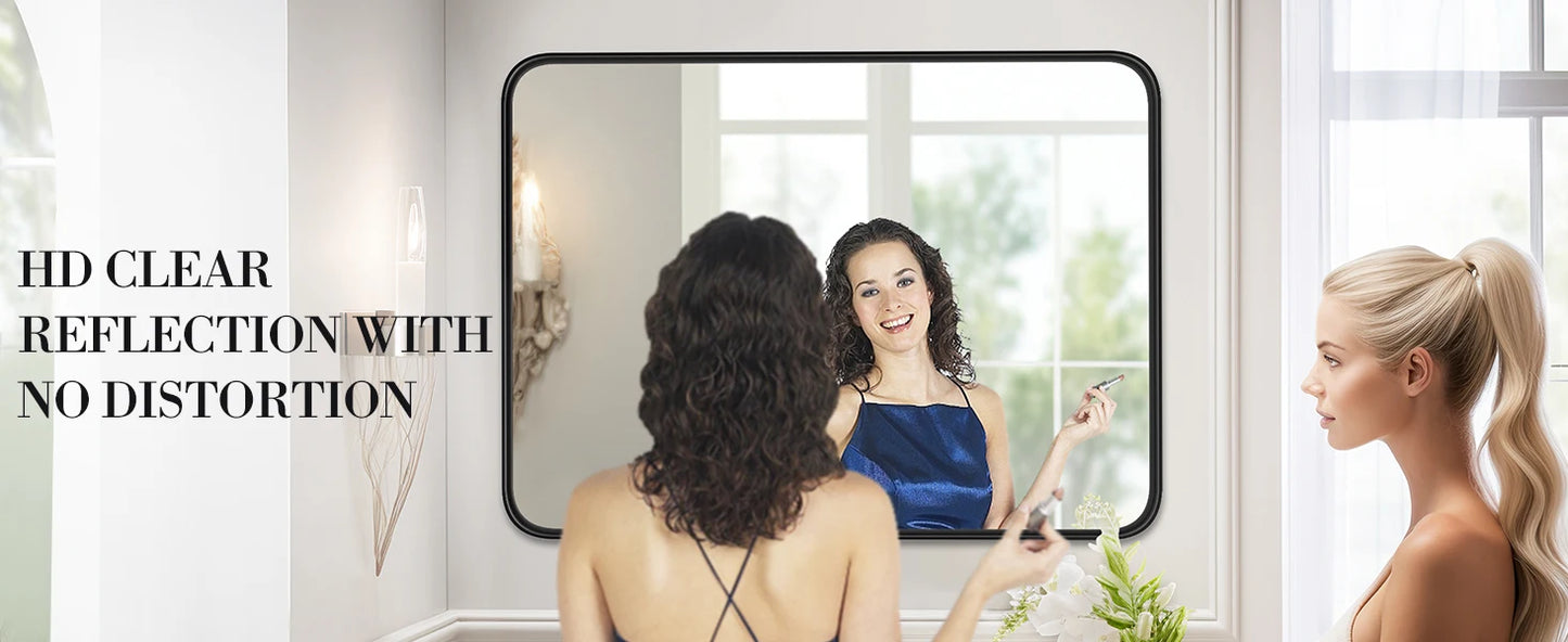 Matte Metal Framed Bathroom Mirror for Wall,Vanity Rectangle Rounded Corner Tempered Glass Mirror,Clear Reflection,Modern