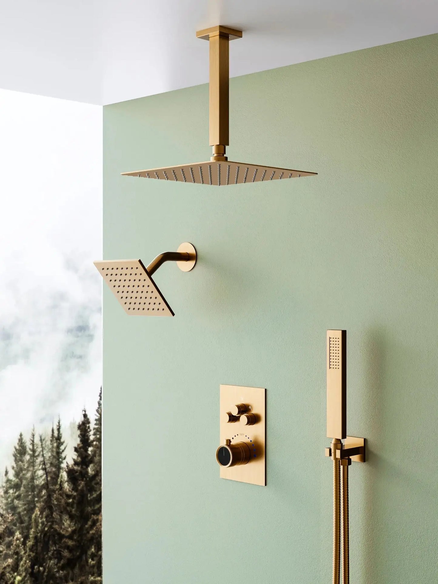 Bathroom Thermostatic Shower System Set 12-inch Ceiling Rain Dual Shower Head Faucet Set with Handheld Spray Combo