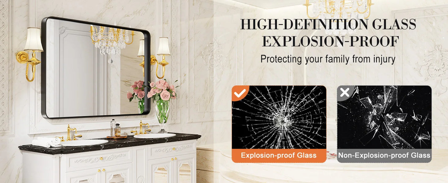 Matte Metal Framed Bathroom Mirror for Wall,Vanity Rectangle Rounded Corner Tempered Glass Mirror,Clear Reflection,Modern