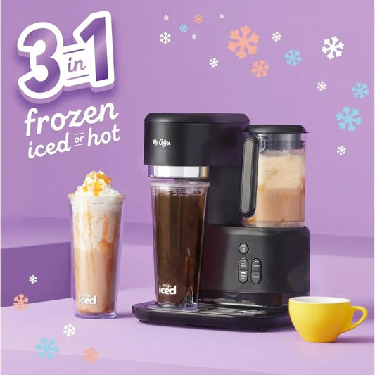 Mr. Coffee 3-in-1 Single-Serve Iced and Hot Coffee/Tea Maker with Blender with Reusable Filter, Scoop, 2 Tumblers, Straws, Black