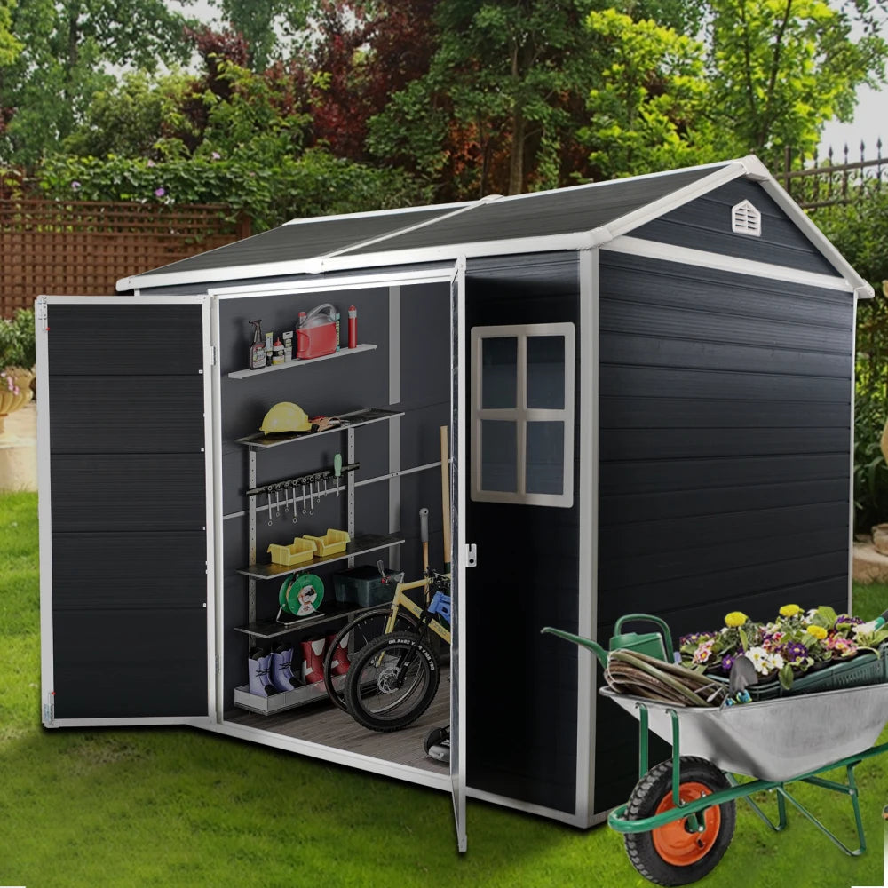 8x6ft Outdoor Resin Garden Shed with Floor and 2 Windows, Plastic Patio Outdoor Storage Shed with Lockable Door for Garden Tools