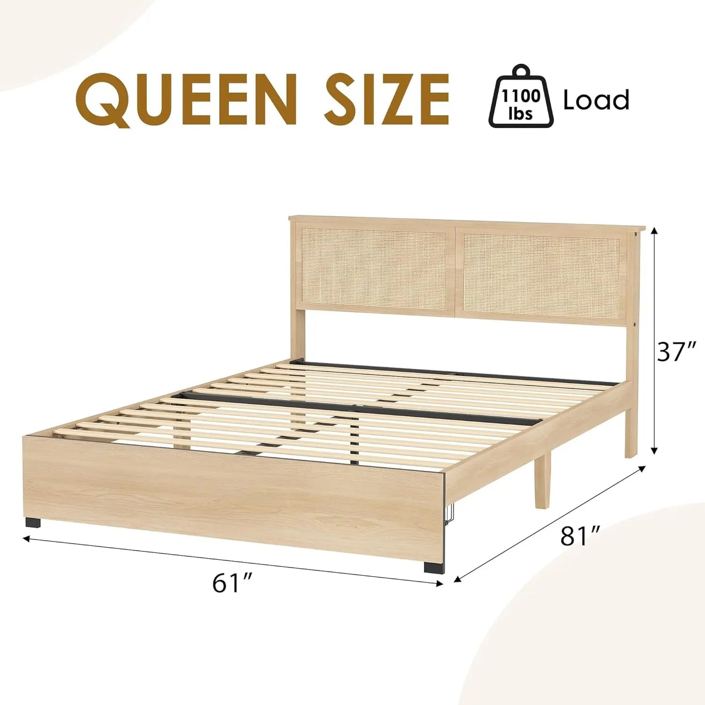 Rattan Bed Frame with Headboard, Boho Cane Platform Bed Frame with Drawer, Strong Metal Slats Support