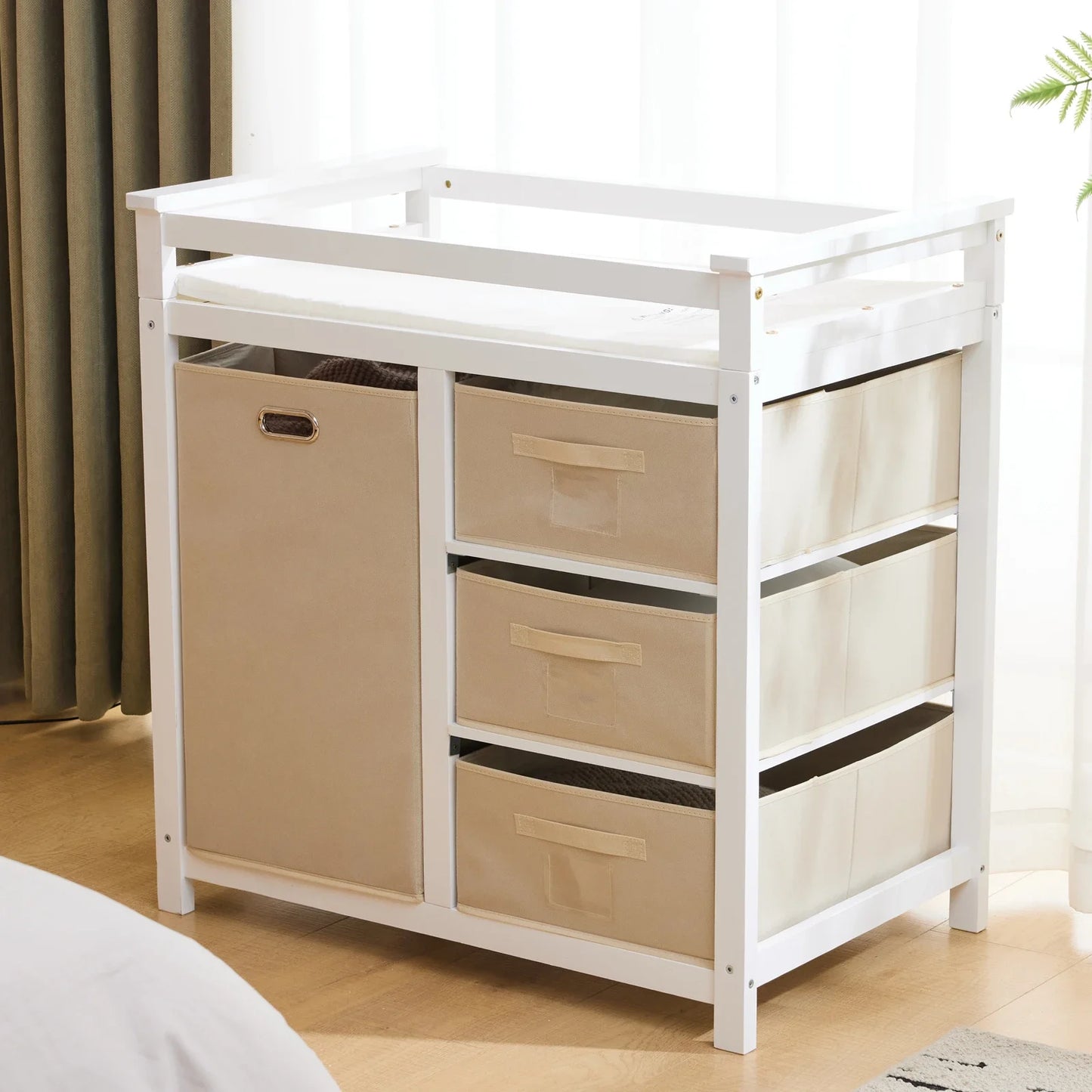 Wooden Bed Bases Removable Top White Painted Pine Children's Cot with 3 Fabric Drawers + 1 Fabric Bag