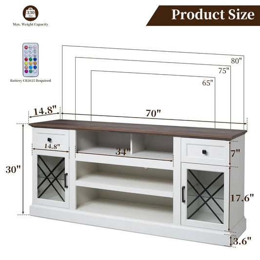 Farmhouse TV Stand Table for 75 80 inch TVs, Modern Entertainment Center with LED Lights and Glass Doors, Customized