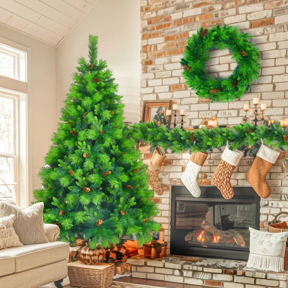 6FT Grass Green Pine Christmas Tree, Pre-Lit with Garland & Wreath,