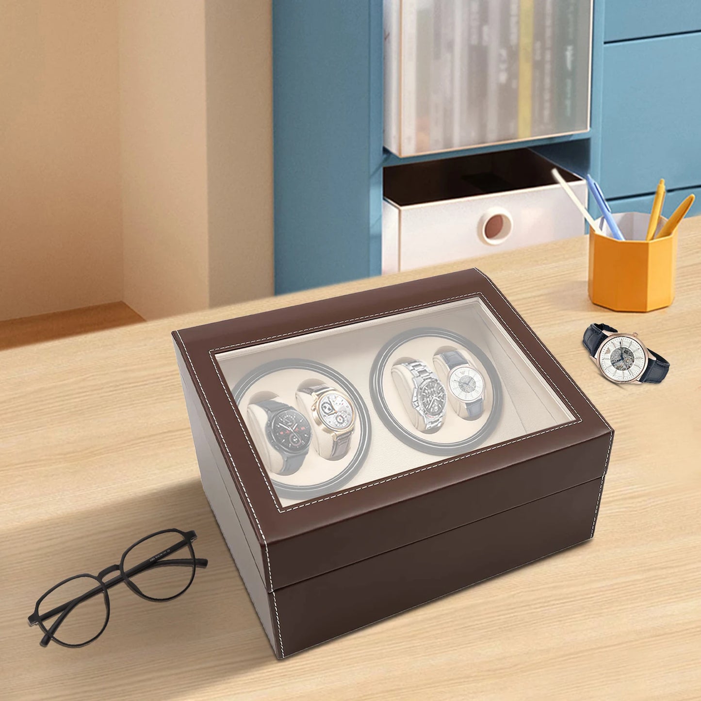 4+6 Rotation Leather Storage Case Display Case Box Automatic Watch Winder Holder Organizer W/Pillow (Brown)