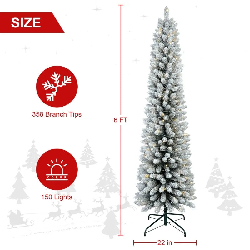 6Ft Pre-Lit Flocked Portland Pine Pencil Artificial Christmas Tree