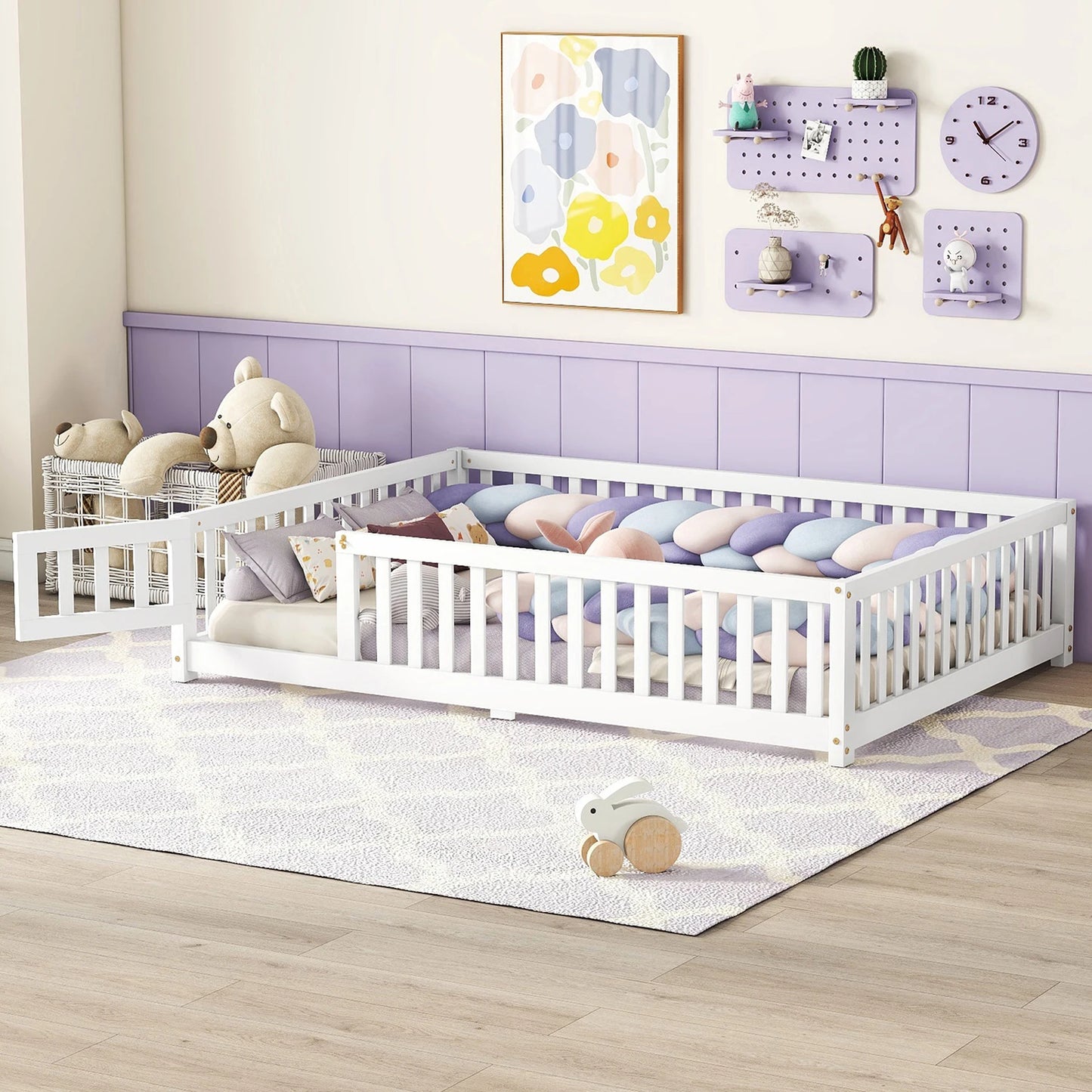 Toddler Floor Bed Frame with Safety Guardrails Doors Wood Slat Support Bed Detachable Platform Bed for Kids Bedroom Nursery