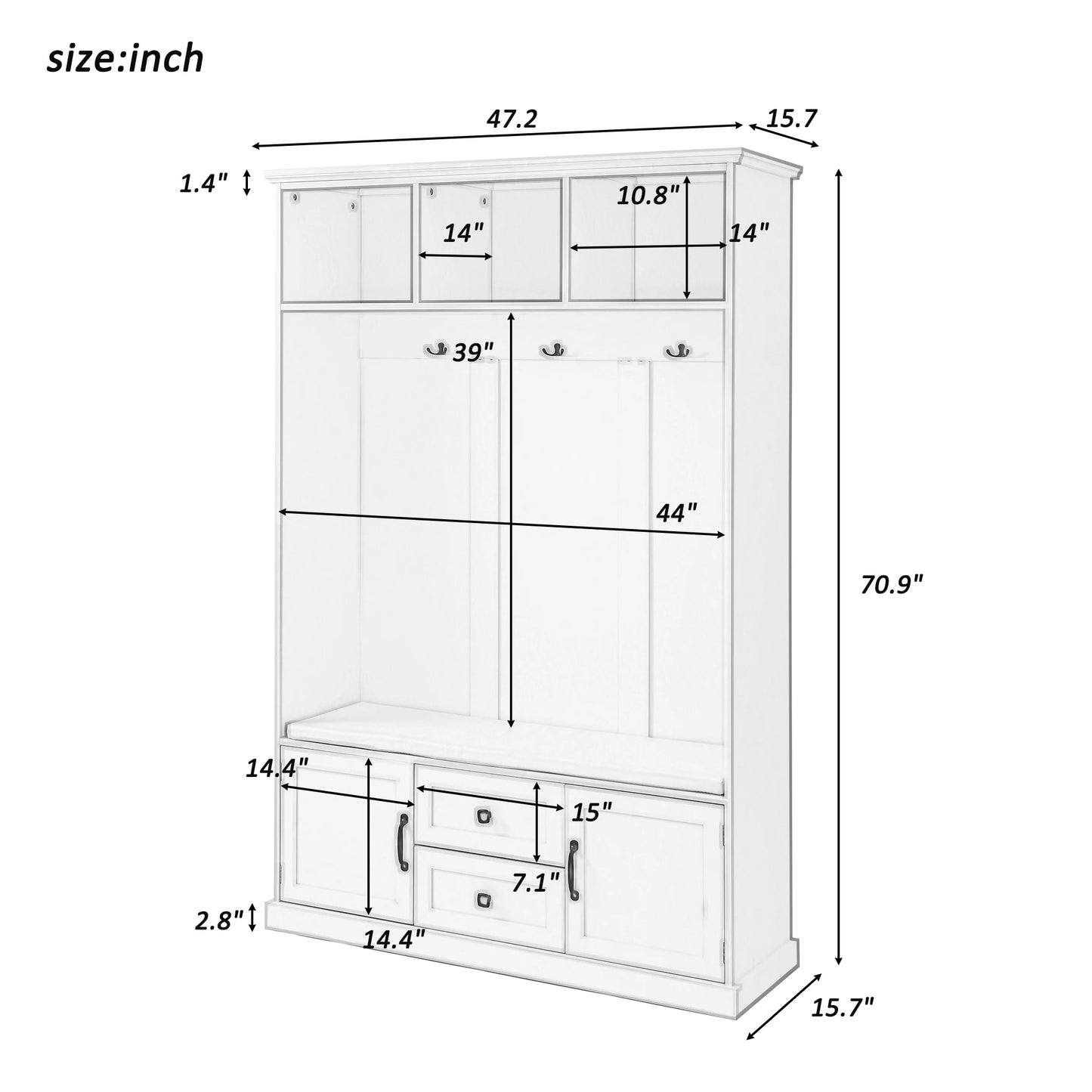 Hall Tree with 3 Hooks , Coat Hanger, Entryway Bench, Storage Bench, 3-in-1 Design, 47.2INCH, for Entrance, Hallway (Black)