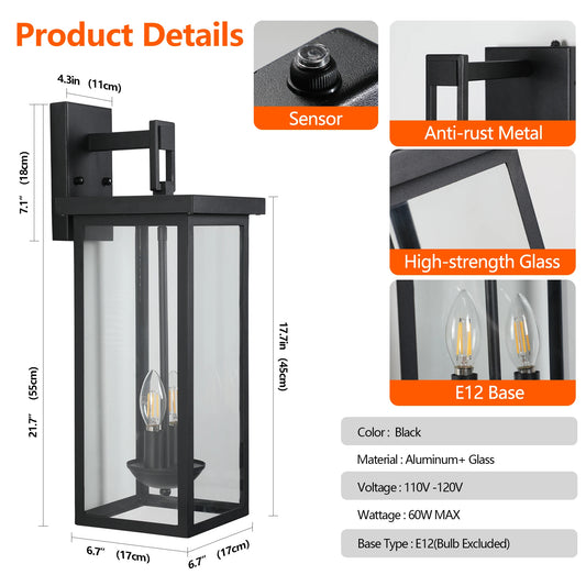 Outdoor Wall Lantern with Dusk to Dawn Sensor Matte Black Finish Clear Glass Panels Weatherproof Exterior Light