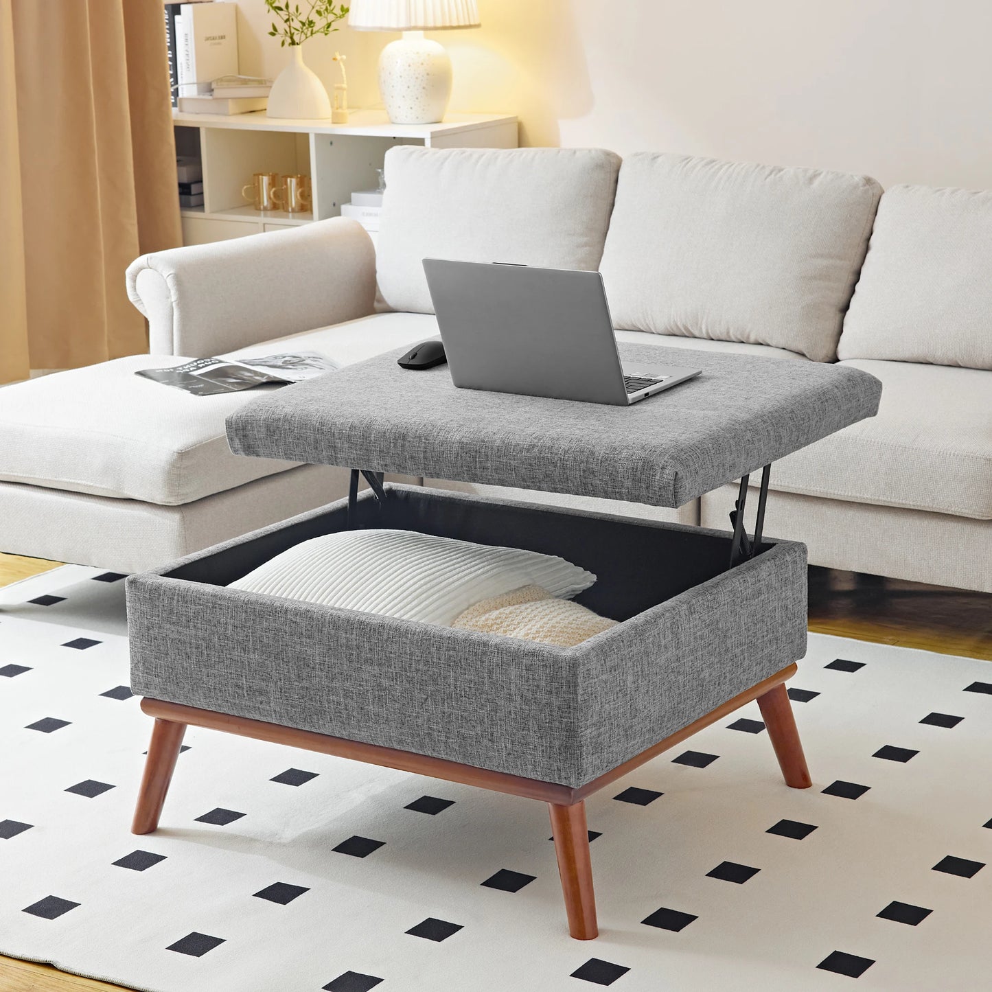 Large Storage Ottoman , 31.4 inch Lift Top Large Coffee Table with High-density Foam Wood Legs