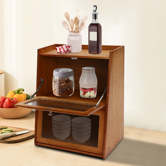 3 Tiers Cabinet with 2 Door, Dark Brown Mini Kitchen Cabinet, Storage Cabinet with Enough Storage Space