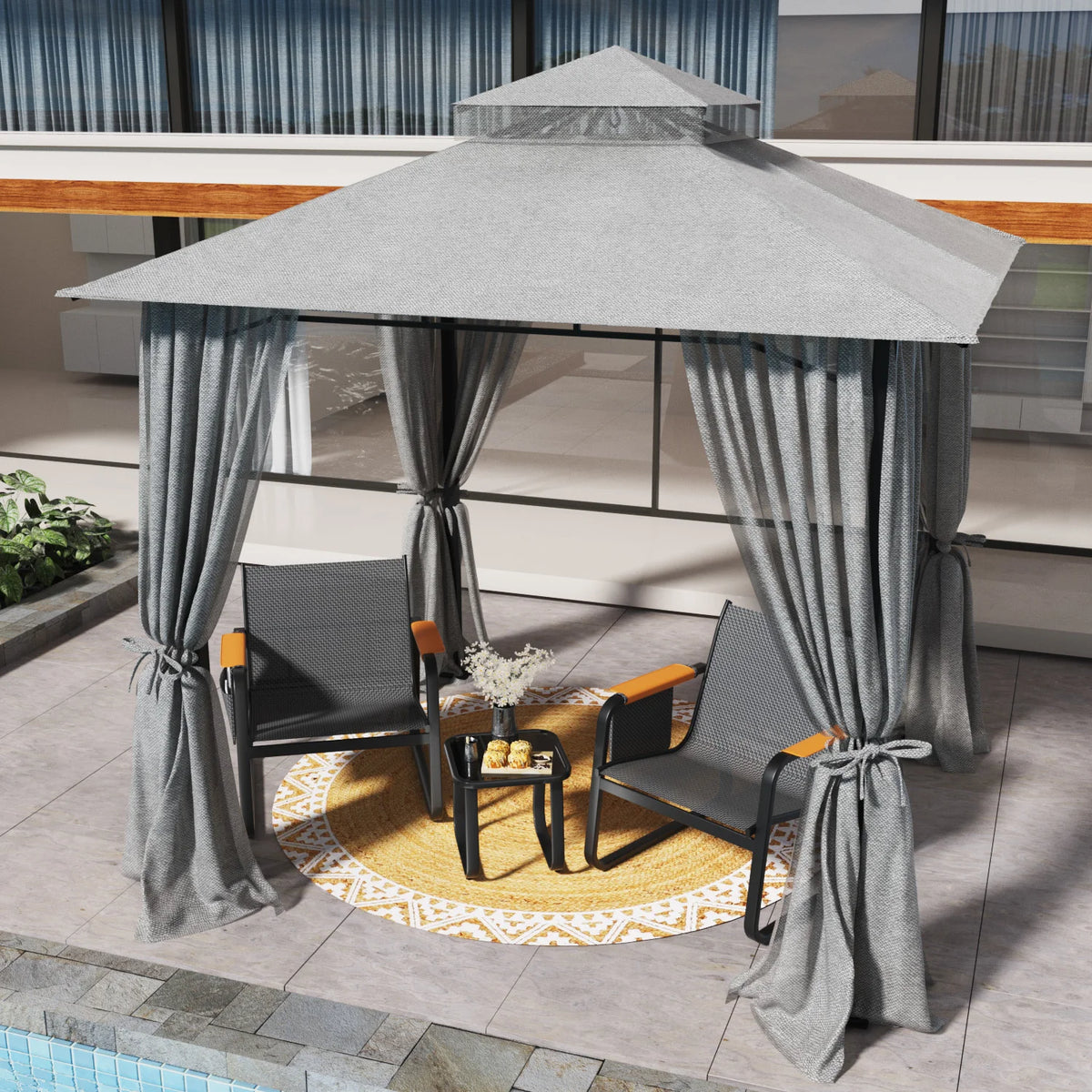 Double Tier Soft Canopy Patio Gazebo & 3-Piece Textilene Outdoor Furniture Set