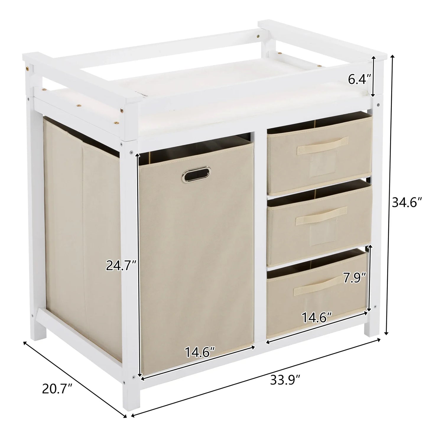 Wooden Bed Bases Removable Top White Painted Pine Children's Cot with 3 Fabric Drawers + 1 Fabric Bag