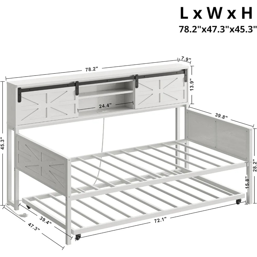 Daybed with Trundle, Rustic Bed Twin with Storage and Charging Station