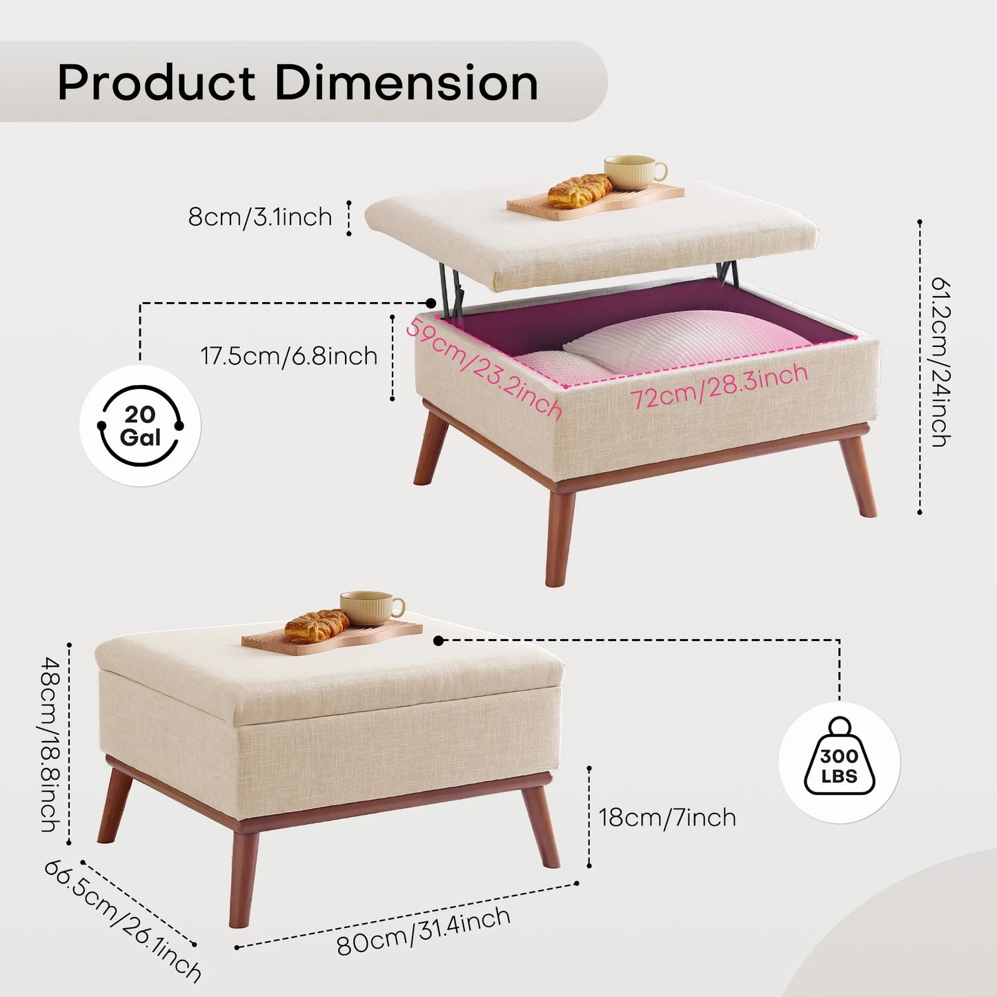 Large Storage Ottoman , 31.4 inch Lift Top Large Coffee Table with High-density Foam Wood Legs