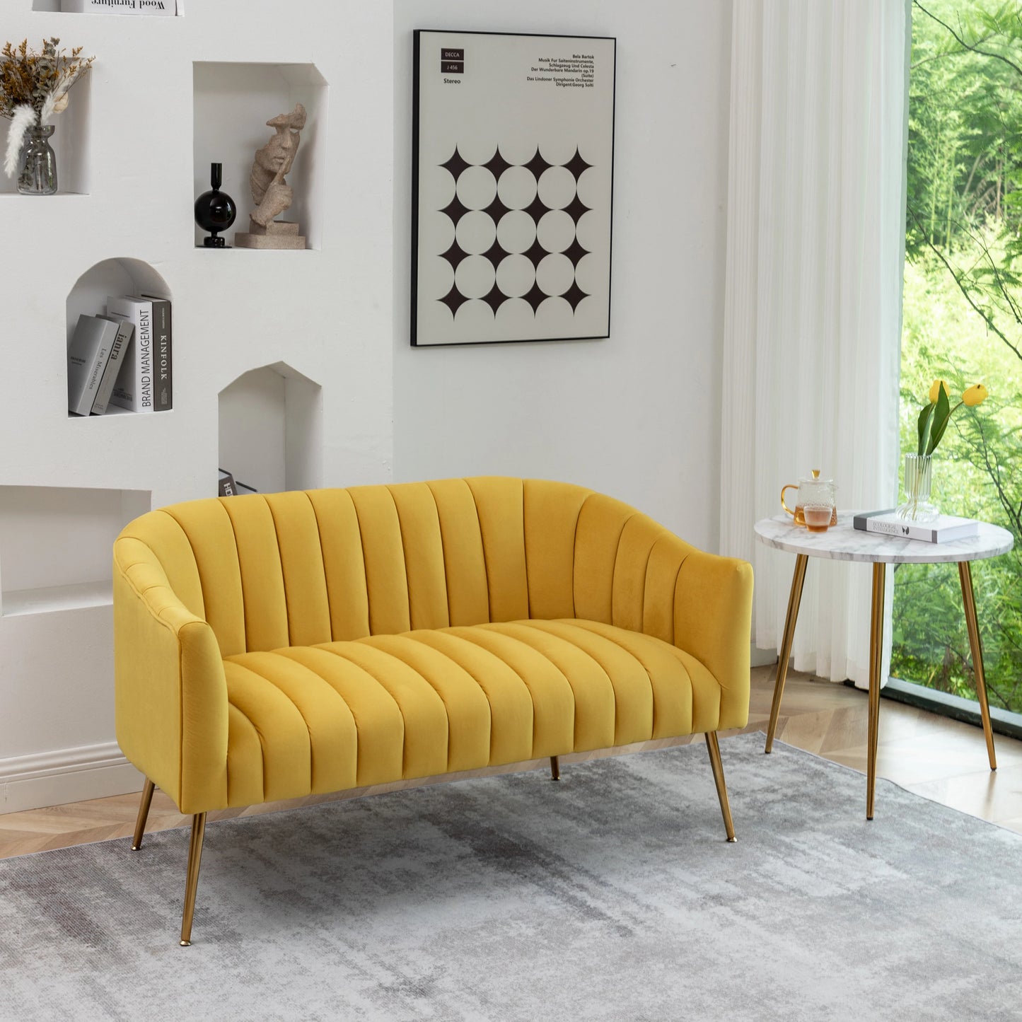 Modern Glam Comfy 50" Metal Legs Curved Sofa 2 Seaters Loveseat with Tufted Back, Mid Century Hall Velvet Sofa for Living Room