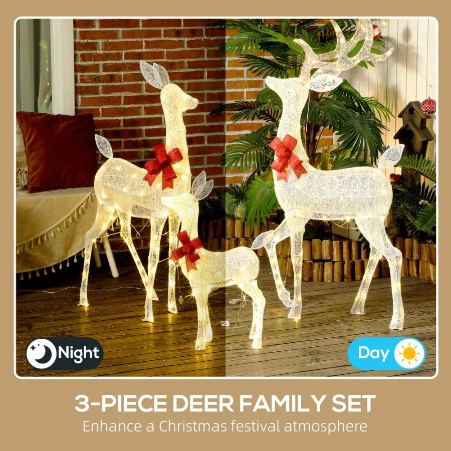 4.5ft 3Piece Light Up Christmas Deer Family Set of 3 Lighted Reindeer Christmas Drations with 2 LED Light Modes Stakes Zip Ties