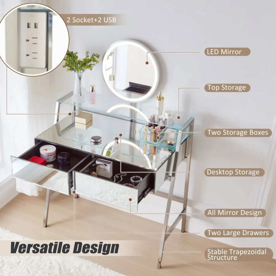 33.9 Mirrored Makeup Vanity Desk with Mirror and Lights