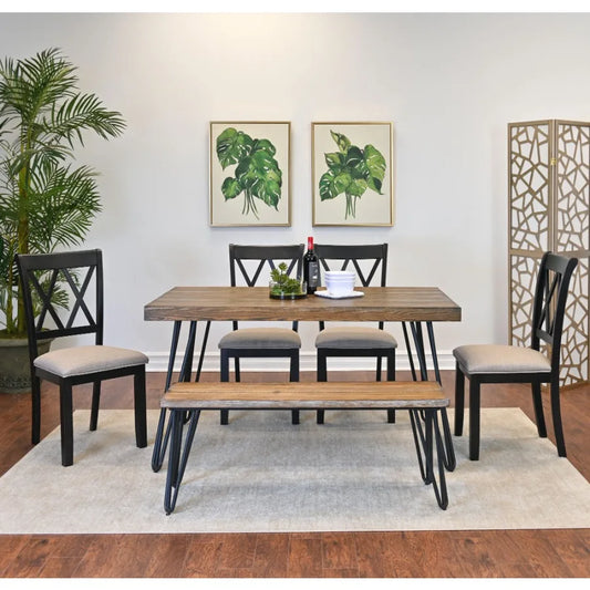 6Piece Dining Set Hairpin with 4 Cross back Chairs and Bench Rich Black