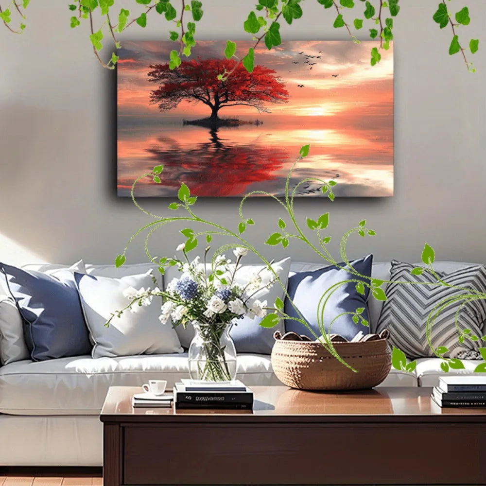 1.5 inch thick solid wood pine frame, interior art deco, depicting red leaf trees, abstract sunsets