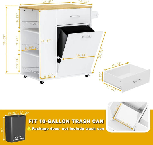 Rolling Kitchen Island with Trash Can Storage, Portable Kitchen Island on Wheels with Towel Rack & Spice Rack, Tilt Out Trash