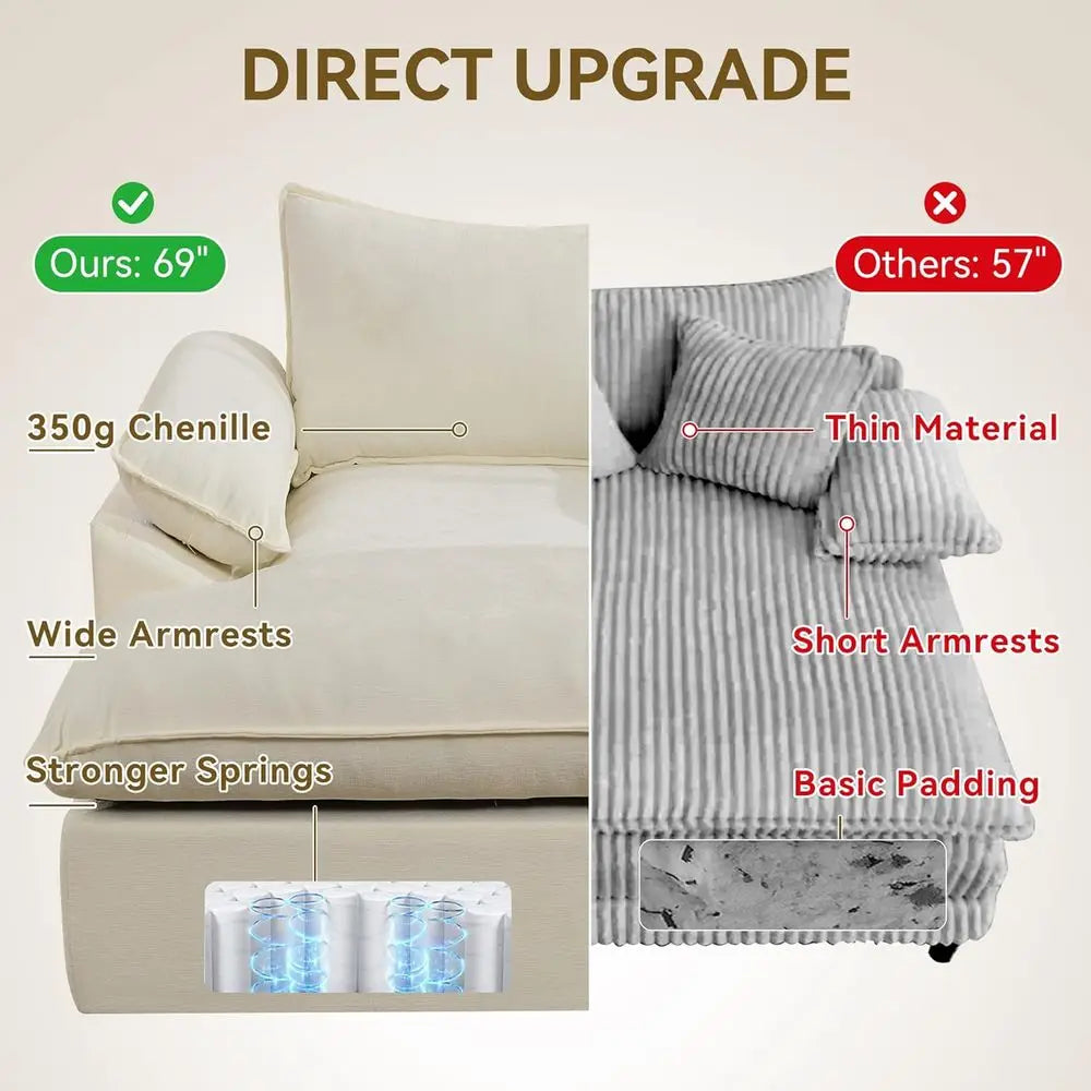 Large Chaise Lounge Chair Indoor, Beige Chenille Sofa Bed with Storage, Oversized Reading Chair and Ottoman