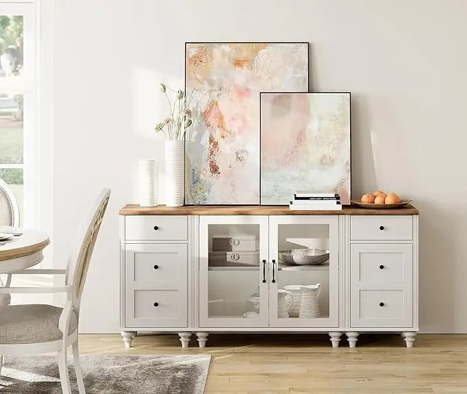 Tableware cabinet with glass doors, buffet cabinet, wooden coffee bar table with adjustable shelves, and 2 drawer cabinets