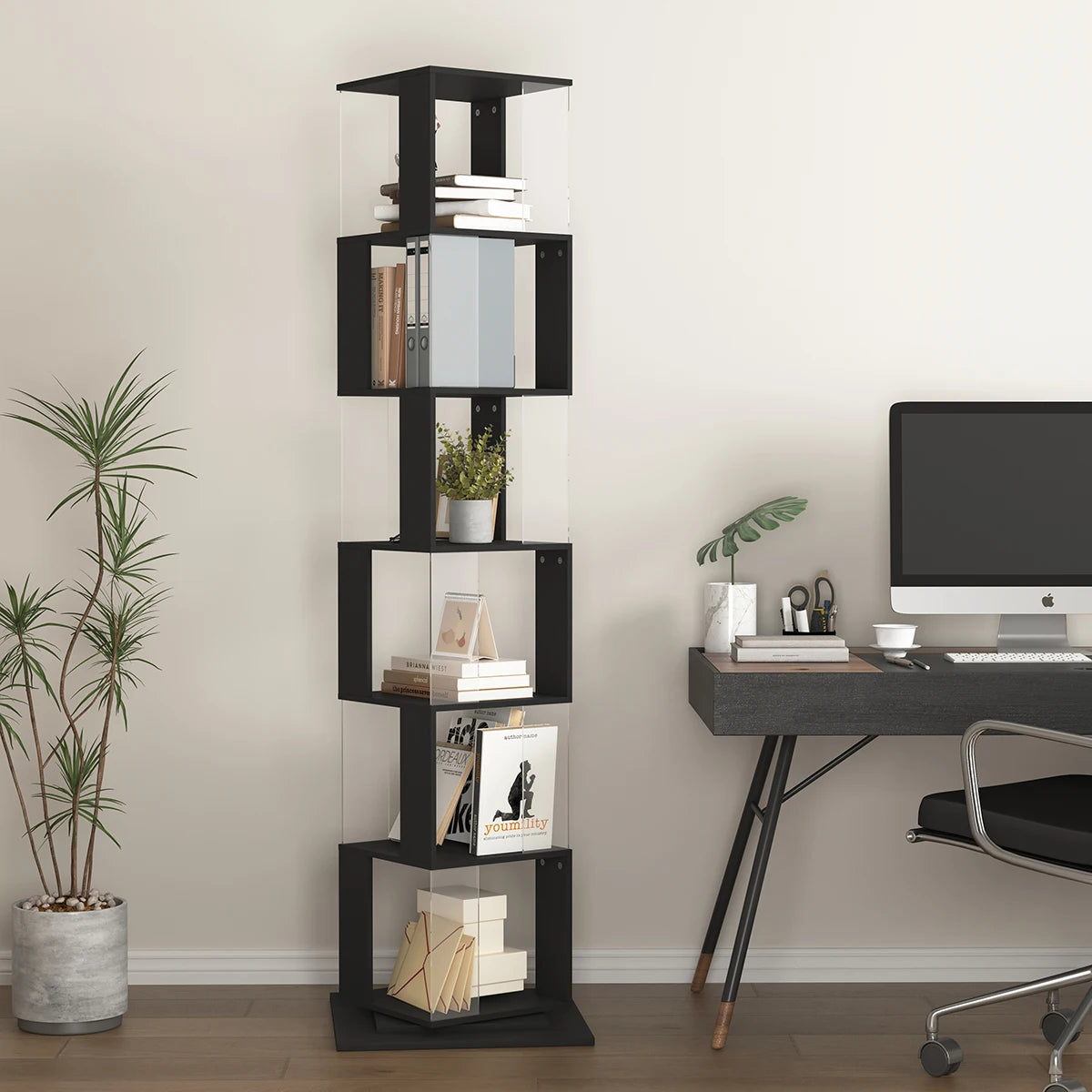Bookshelf Tower, Floor Standing Wood Narrow Organizer