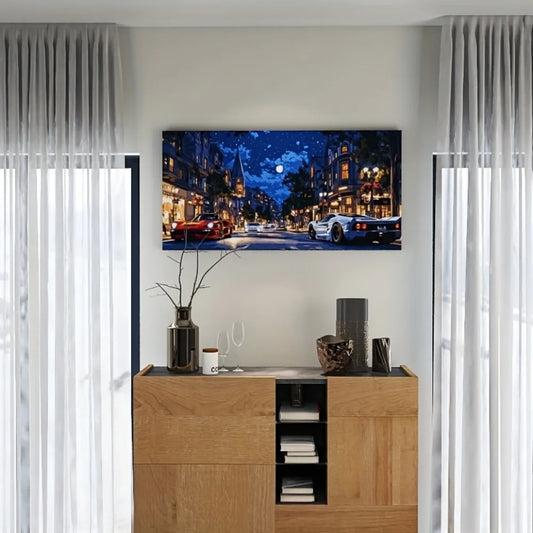 Modern sports car with snow scene art painting, modern poster suitable for interior, 1.5 inch thick solid wood frame