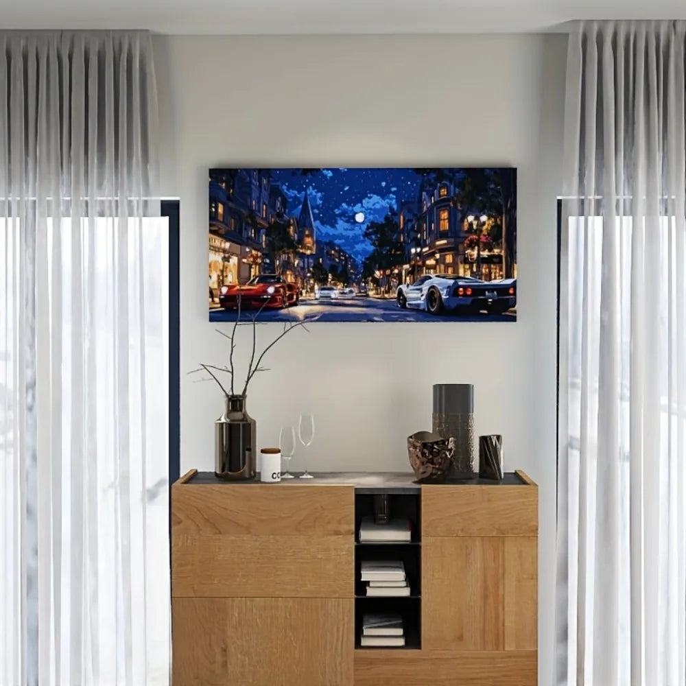 Modern sports car with snow scene art painting, modern poster suitable for interior, 1.5 inch thick solid wood frame