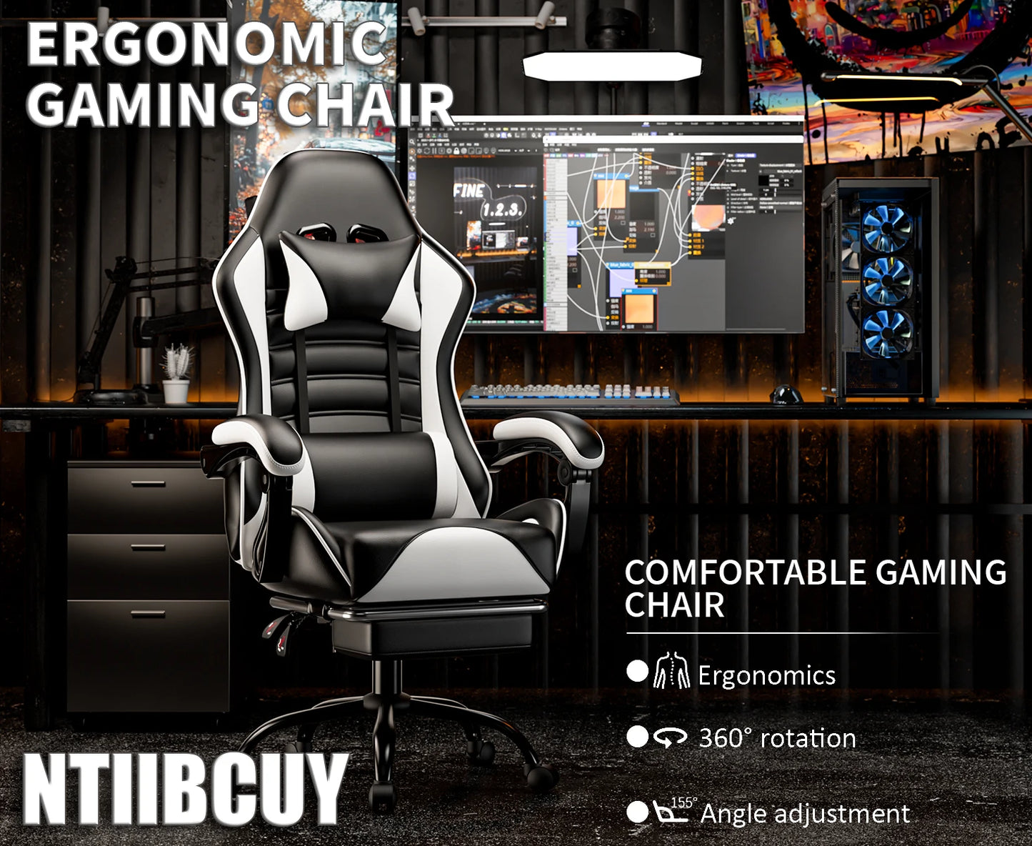 Ergonomic Gaming Chair with Footrest, Racing Style Video Game Chair for Adults, Reclining Gamer Chair Office Chair