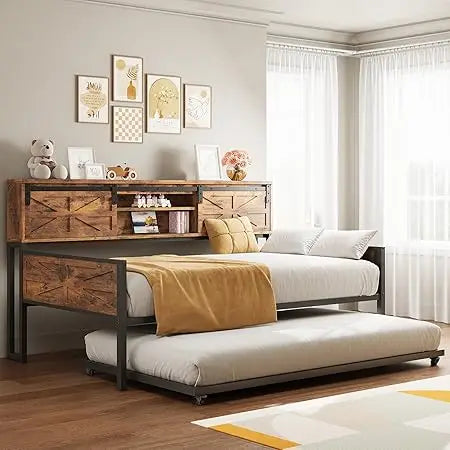 Daybed with Trundle, Rustic Bed Twin with Storage and Charging Station
