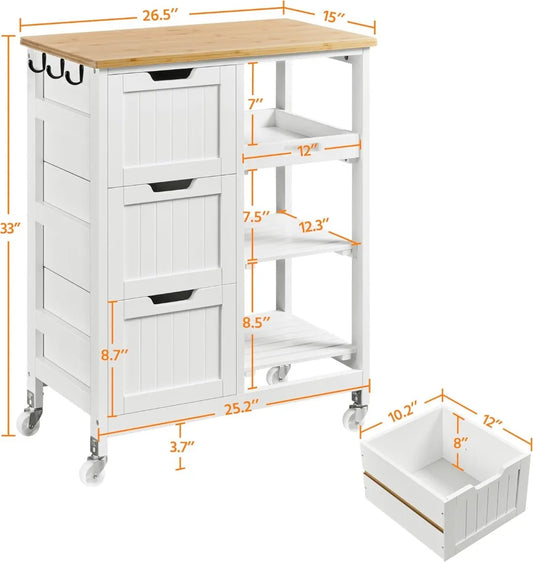Kitchen Island Cart on Wheels, Rolling Storage Cart with Bamboo Countertop, 3 Drawers, 3 Removable Shelves & Lockable Casters