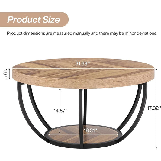 32" Circle Marble Coffee Tables, 2-Tier Golden Metal Legs Accent Center Table with Open Storage Modern Design Home Furniture