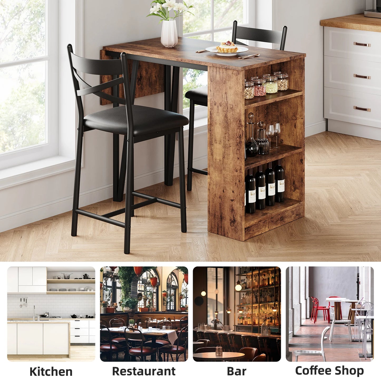 Bar Table and Chairs Storage Shelves