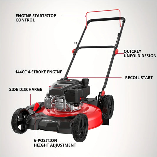 21 In. Gas Lawn Mower, 144cc 2-in-1 Mulching Push Mower With 6-Positions Height Adjustment, High Rear Wheels, Gardening Supplies