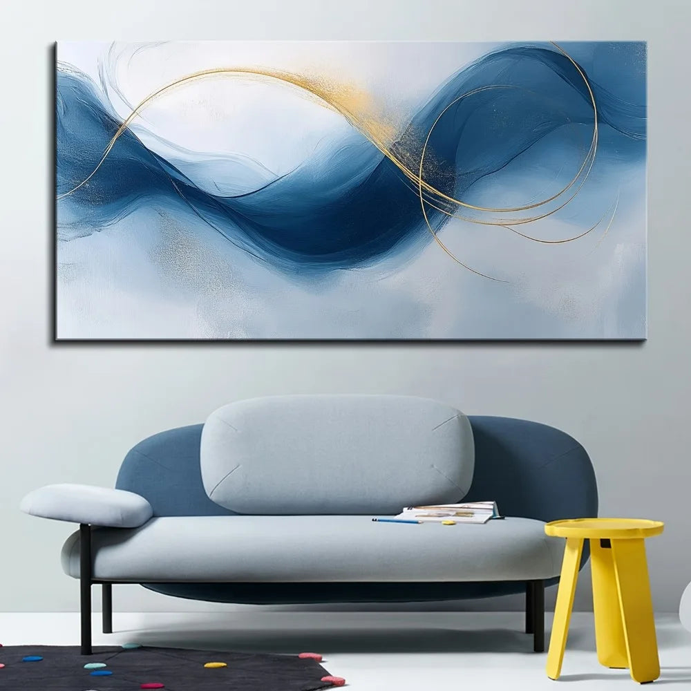 pine frame, large abstract gold and blue gradient painting,