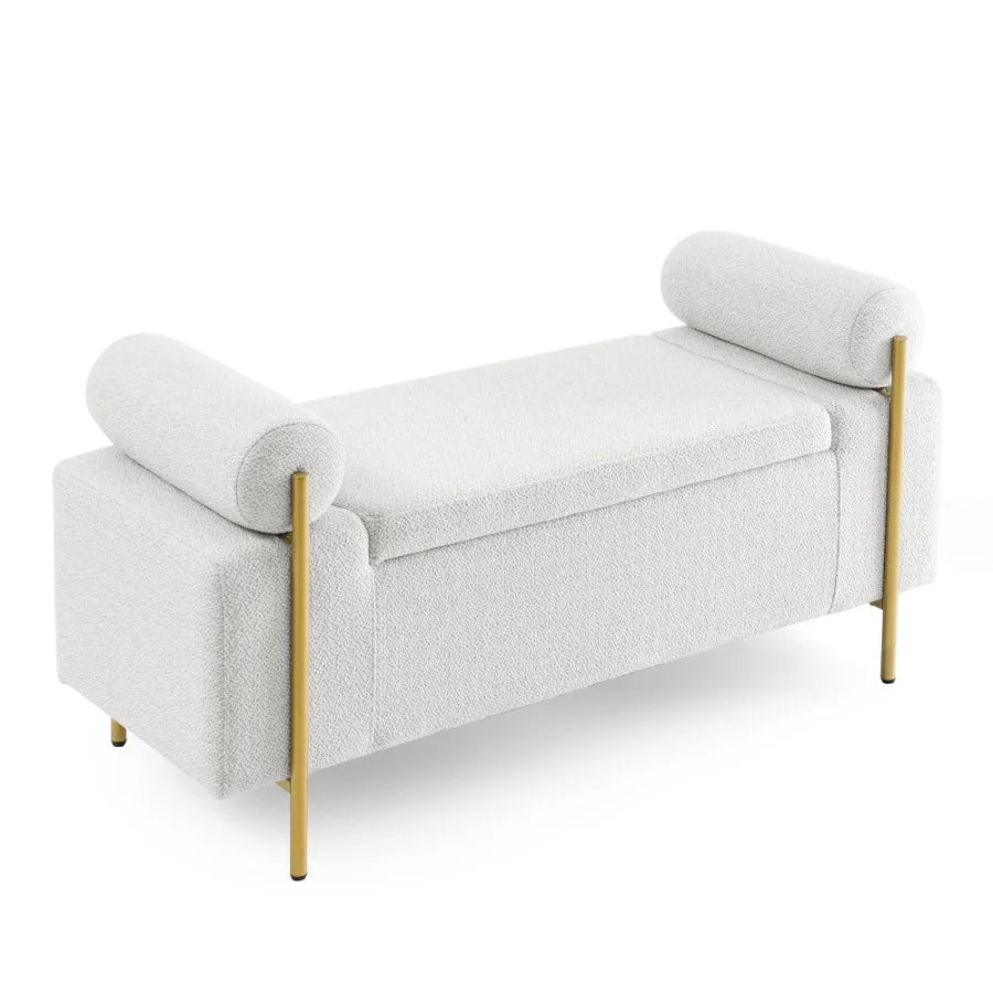 Elegant Upholstered Linen Storage Bench with Cylindrical Arms and Iron Legs for Hallway Living Room Bedroom White