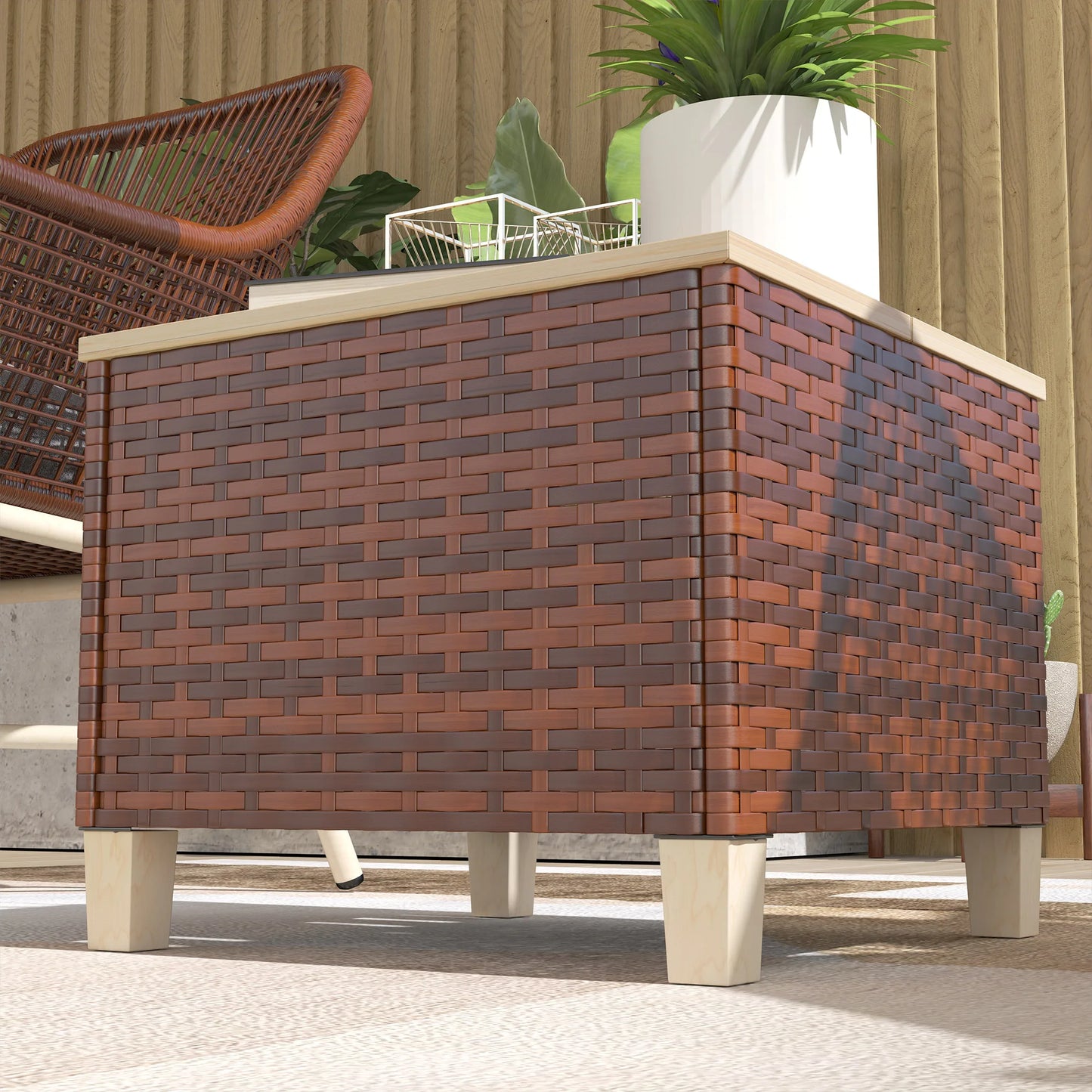 Outdoor Side Table with Pe Rattan, Accent Table with Wood Top, Brown
