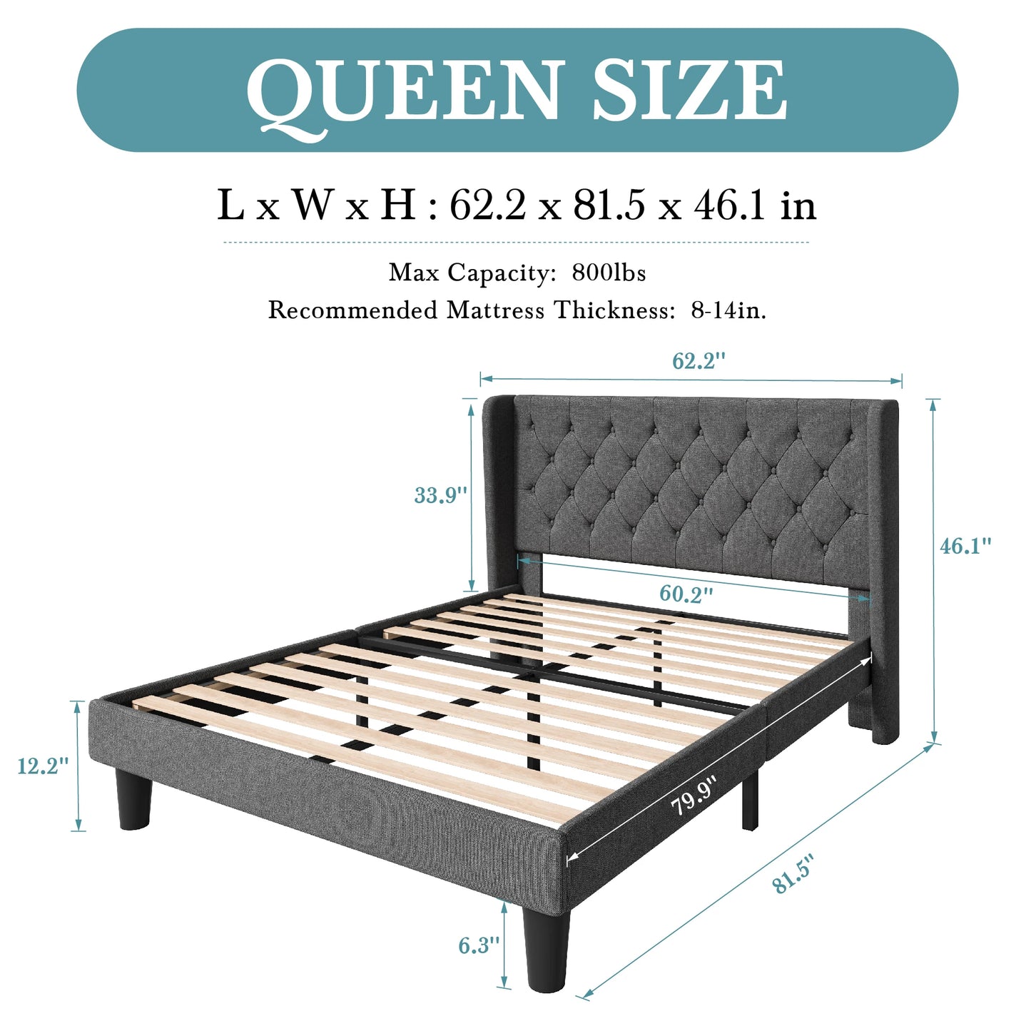Classic Bed Frame with Button Tufted Wingback Headboard Platform Bed