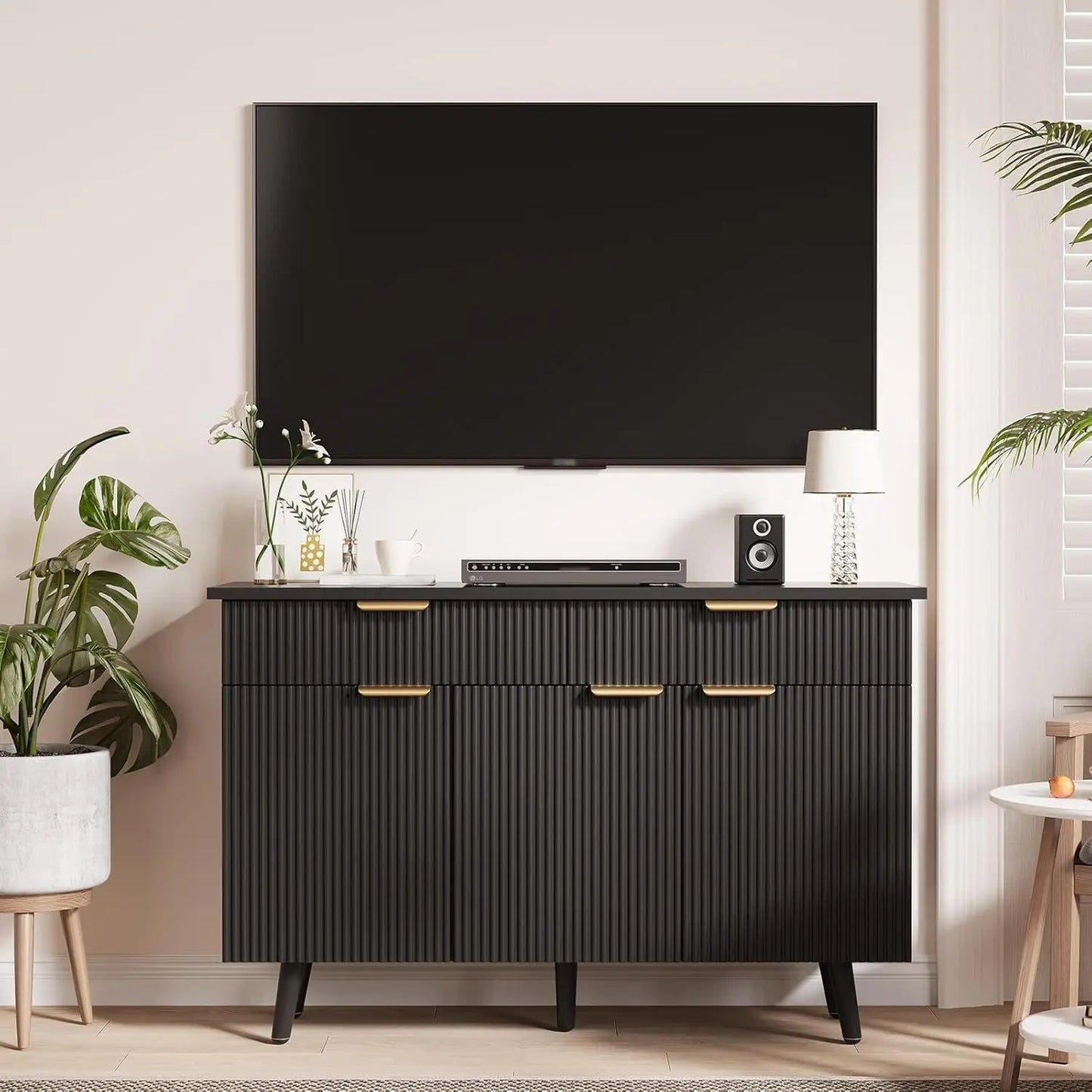 Modern Farmhouse Buffet Cabinet with Fluted Design Kitchen Storage Sideboard & Coffee Bar Cabinet for Living Room Hallway