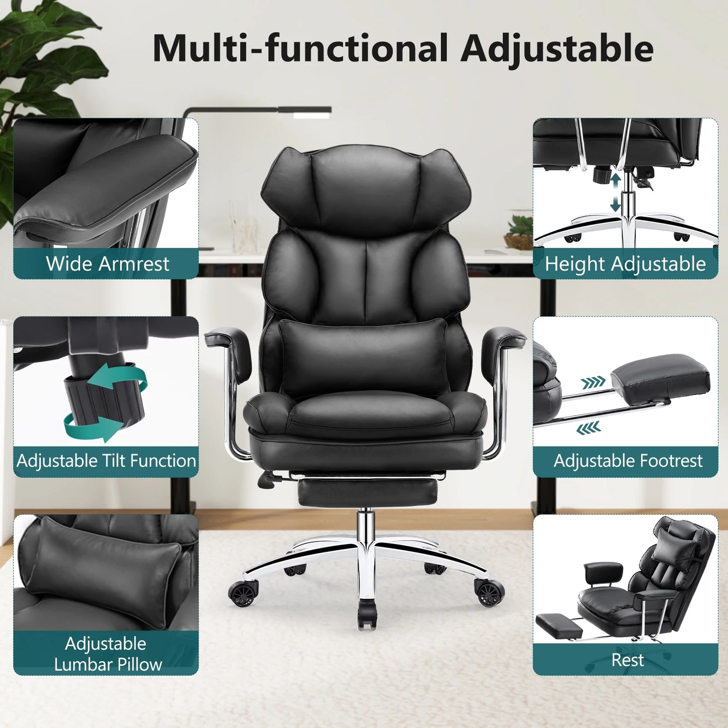 Leather Ergonomic Computer Desk Chair High Back with Footrest Lumbar Support Height Adjustable For Home Office
