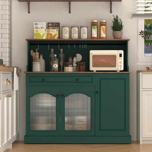 Coffee Bar Cabinet with Glass Doors, Wood Kitchen Pantry Cabinet with Glass Doors, Green Microwave Cabinet Kitchen Cabinets