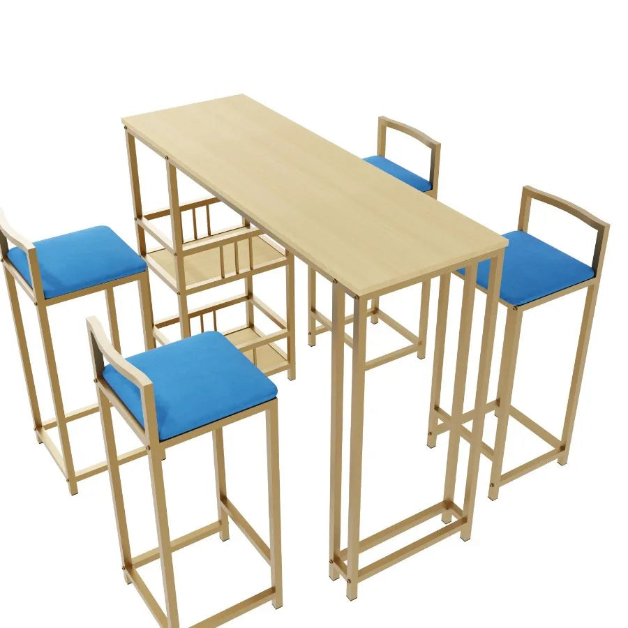 Bar table and chair five piece set gold frame multilayer tabletop chair cushion and backrest made of sponge table with storage