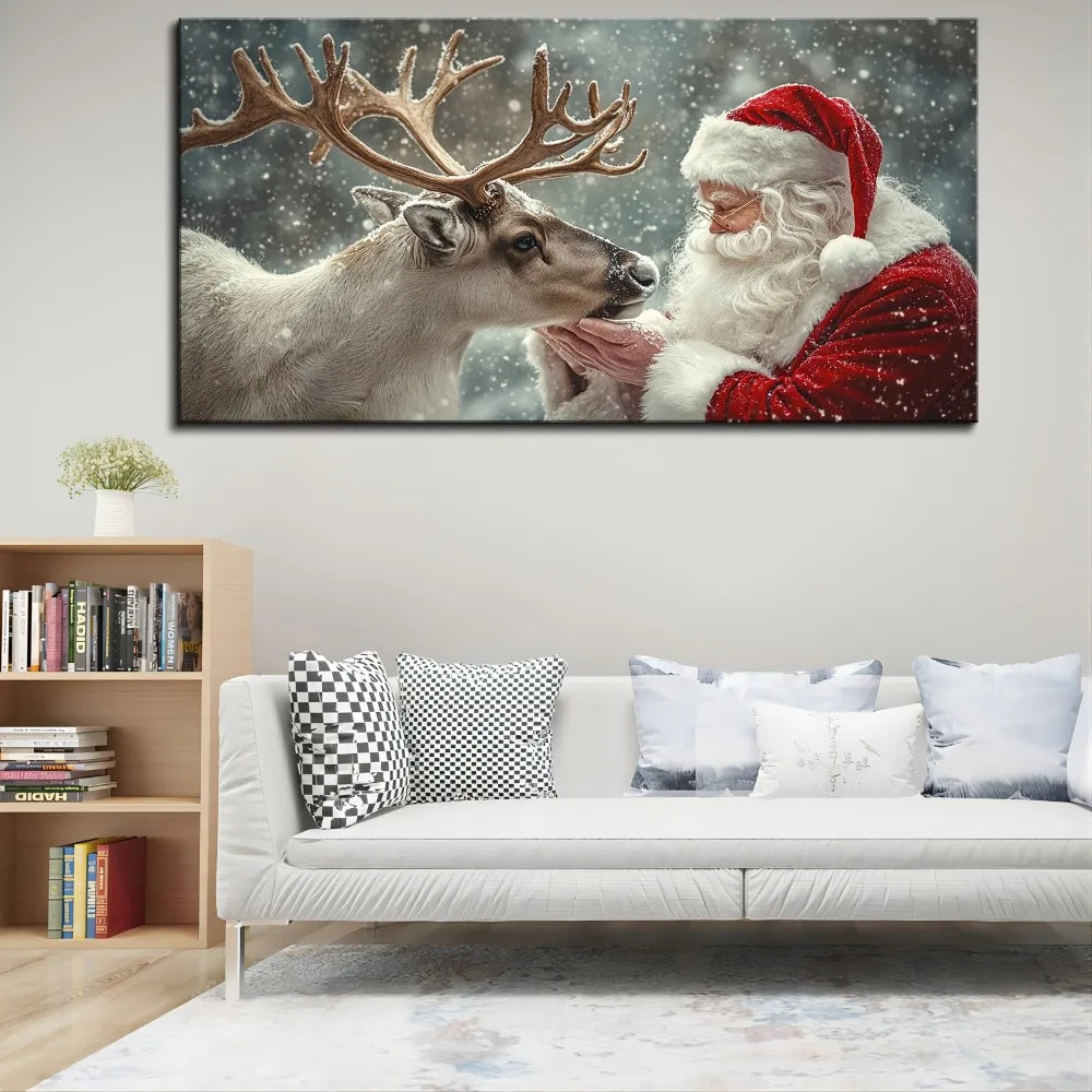 Christmas Miracle Warm Santa and elk hanging canvas art, vivid Christmas decorations, 1.5 inch thick pine solid wood frame