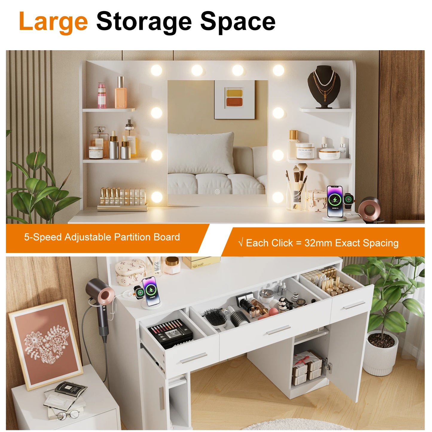 JHK Desser For Bedroom Vanity Desk with Mirror and Lights Adjustable Brightness with 2 Storage Cabinets 3 Drawers 6 Shelves